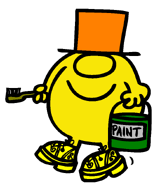 Mr. Silly carrying a paint pot and toothbrush