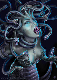 Medusa from greek mythology on a black dress, eyes of fire and a stone skin  on Craiyon