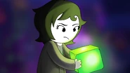 Examining a glowing green cube.