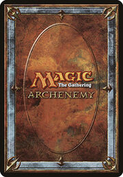 A scan of the back of a scheme card. Similar to a traditional card back, with ornate stonework around the edges and the words "Magic: The Gathering Archenemy" in the center.