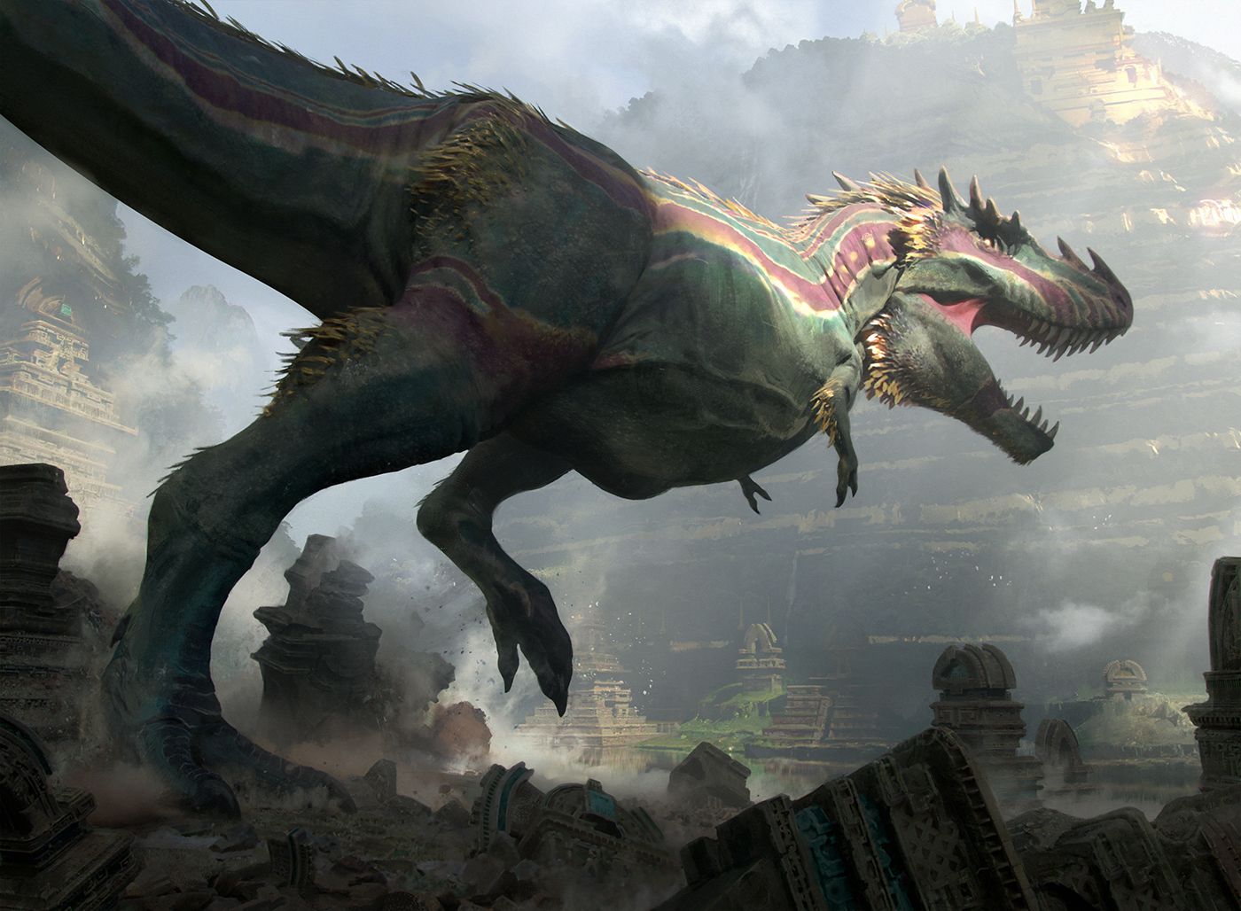the art from the magic the gathering game piece Ghalta, Primal Hunger which features a large green and red striped tyrannosaur walking away from the viewer inside a canyon. 
