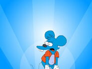 Itchy looking annoyed at a blue, sun-arriving background.