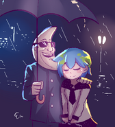 Moonman taking Mother Earth under his umbrella.