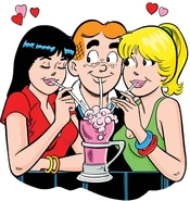 Archie drinking a milkshake with Veronica (left) & Betty (right).
