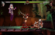 Skarlet protecting an injured Shao at his throne from Sindel.