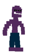 Purple corpse of Michael in blue shorts.