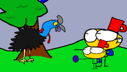 Mugman has a son, and he's teaching him how to feed Sunshine a plum.