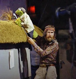 Jim Henson on set with Kermit