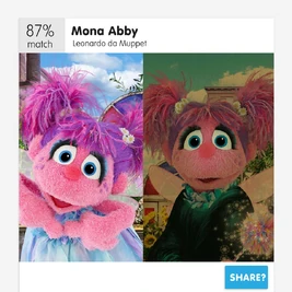 A spoof of the Google fine art app of Abby and her look-alike painting by "Leonardo da Muppet."