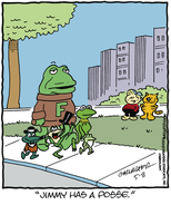 Heathcliff20240508.gif (85 KB) May 8, 2024, shows Kermit the Frog as part of Jimmy (the frog)'s posse.