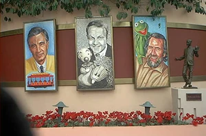 Tile mosaic portraits of Fred Rogers, Burr Tillstrom and Jim Henson at the Academy of Television Arts and Sciences Hall of Fame.