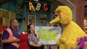 Nina shows Big Bird, Elmo, Abby, and Chris her map of the United States of America in Episode 5001.