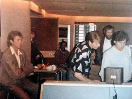 Eric Idle (left) visiting David Bowie and Jim Henson at Abbey Road studios recording music for Labyrinth in April 1985.