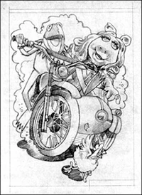 Pencil Drawing of Kermit and Miss Piggy on a motorcycle. 1980