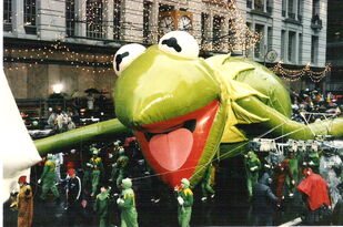 Kermit the Frog balloon swamped by rain and with a hole in its stomach, 1985