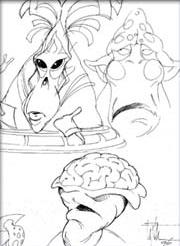 Concept sketches include a character with an exposed brain, a feature which would later be seen in the character design for Craniac.