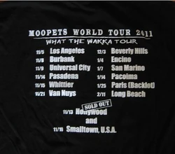Back of the T-shirt, with tour dates. Smalltown, U.S.A. and Hollywood (the two major settings of the new film) are mentioned as destinations.