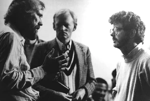 Jim Henson with Robert Watts and George Lucas on the set of Labyrinth.