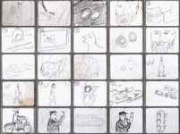 Some of Henson's storyboard panels for Time Piece.