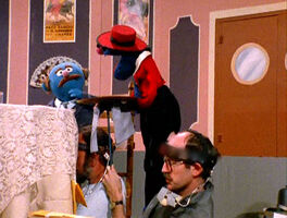 Jerry Nelson and Frank Oz performing the Singing and Dancing Waiter sketch with Mr. Johnson and Grover.