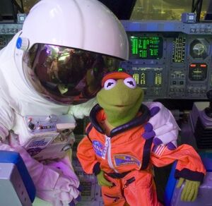 Kermit celebrating his 50th Anniversary at the Johnson Space Center, and on the moon