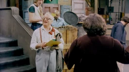 Will Lee (foreground) rehearses a scene with Caroll Spinney (Oscar) and Roscoe Orman (background).
