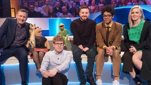 Left to right: , Miss Piggy, , Kermit the Frog, Alex Brooker, Richard Ayoade, and .