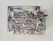 Design sketch for Piggy's dressing room for The Muppets by production designer Steve Saklad.