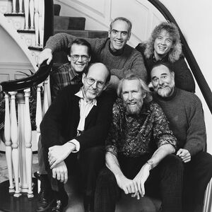 Clockwise from top left: Richard Hunt, Steve Whitmire, Jerry Nelson, Jim Henson, Frank Oz and Dave Goelz on the staircase of the Henson Townhouse.