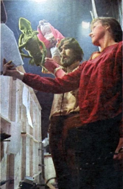 Behind the scenes with Jim Henson and Caroly Wilcox.