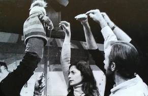 Caroll Spinney rehearses with Tough Luck Lester, joined by the hands of Brill, Nelson, and Oz