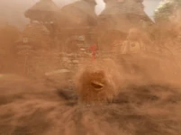 A sentient tumbleweed (saying "Tumble, tumble, tumble...") blows through the Gorgs' garden during a dust storm in the Fraggle Rock: Back to the Rock episode "Lost and Found Fraggles"