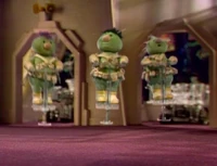Turbo Doozer, Wrench Doozer and the rest of Support Squad A in the Fraggle Rock episode "Doozer Is As Doozer Does" (referred to in Doozer slang as flooping).
