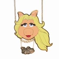 Miss Piggy pendant necklace, solid brass plated in gold and enameled, with Miss Piggy wearing pearls
