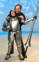 Kristin Chenoweth with Elmo's World director Jim Martin during a break in the taping of the "Firefighters" episode.