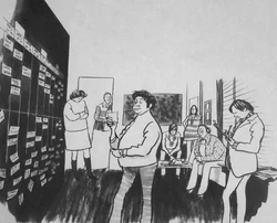 Robert Cunniff, center in sweater, with other Dick Cavett Show crew in a captionless  cartoon.