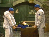 Sesame Street Episode 3058Joey Mazzarino and David Rudman as two paramedics taking a penguin on a stretcher after Telly knocks the penguin out cold with a sucker-punch.