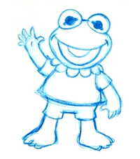 Baby Kermit, blue pencil sketch on notepaper, Muppet Babies