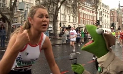 Reporter Kermit on Blue Peter, Zoe Salmon at Flora London Marathon 2006