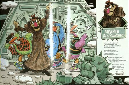 An illustration of Mr. Meanie and the Meanie Birds from the show's program.