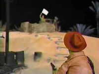 In The Muppets at Walt Disney World, a stuntman in the Indiana Jones Stunt Spectacular waves a white flag of truce after being shot at by Kermit the Frog.