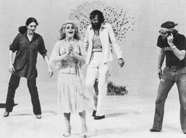 Louise Gold, Jim Henson and Dave Goelz rehearse "Take a Little One Step" with Bernadette Peters.