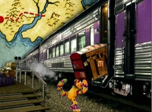 Tingo pushes his bags on a train, in the opening theme of the series.