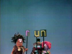 Little Jerry as a Lavender Anything Muppet, spelling out the word "run."