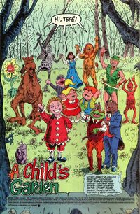 Swamp Thing #118 (1992) has Swamp Thing's daughter Tefé encountering various children's characters in the Dreaming (a realm from the Sandman comics). These include Peter Pan, The Wizard of Oz characters, Raggedy Ann, and a version of Ernie (behind DC characters Sugar and Spike).