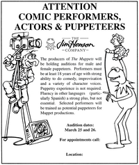 Kermit puppeteers a pig puppet in a 1999 Henson Company audition ad.