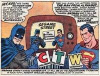 Superman and Batman advertise for Sesame Street in comic books.