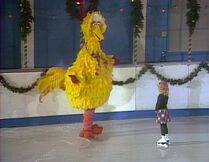 A little girl teaches Big Bird how to skate.