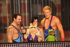 Piggy and Kermit with Santino Marella, Jack Swagger, and Vickie Guerrero.