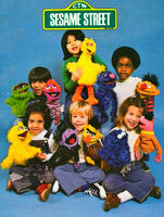 photo from the 1977 boxes showing the prototypes of fabric Bert, Ernie and Big Bird.
